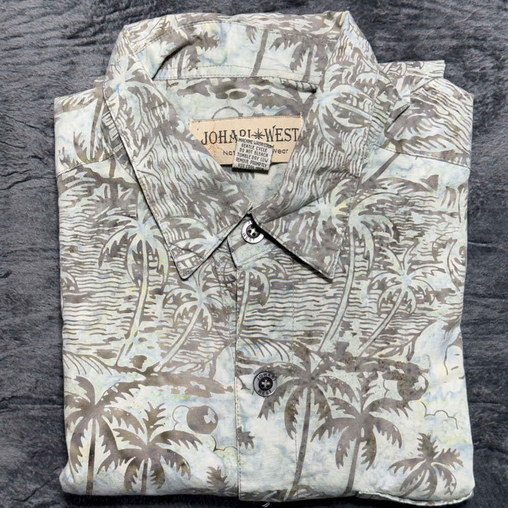 Johari West Button Down Shirt Men XL Gray Palm Tree Batik Short Sleeve Cotton‎
